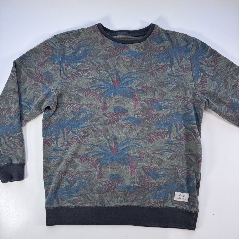 VANS Pullover Crew Neck Sweatshirt Youth Large Green Leaf Palm Bottom Hem Logo